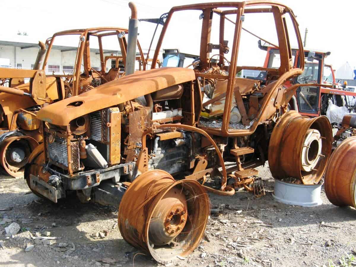 A burnt out tractor body